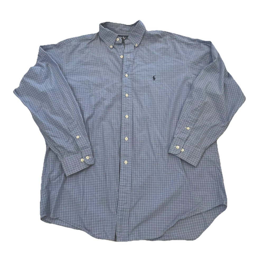 VTG Ralph Lauren Yarmouth Blue Plaid Oxford Shirt Large 16.5-34/35 Preppy Career